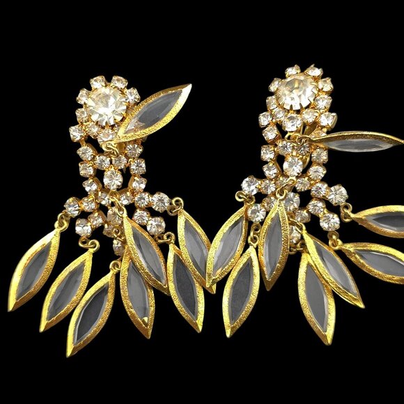 Runway Chandelier Gold-Tone Clip-On Earrings Clear Crystals & Dangle Leaf Charms - Picture 3 of 7